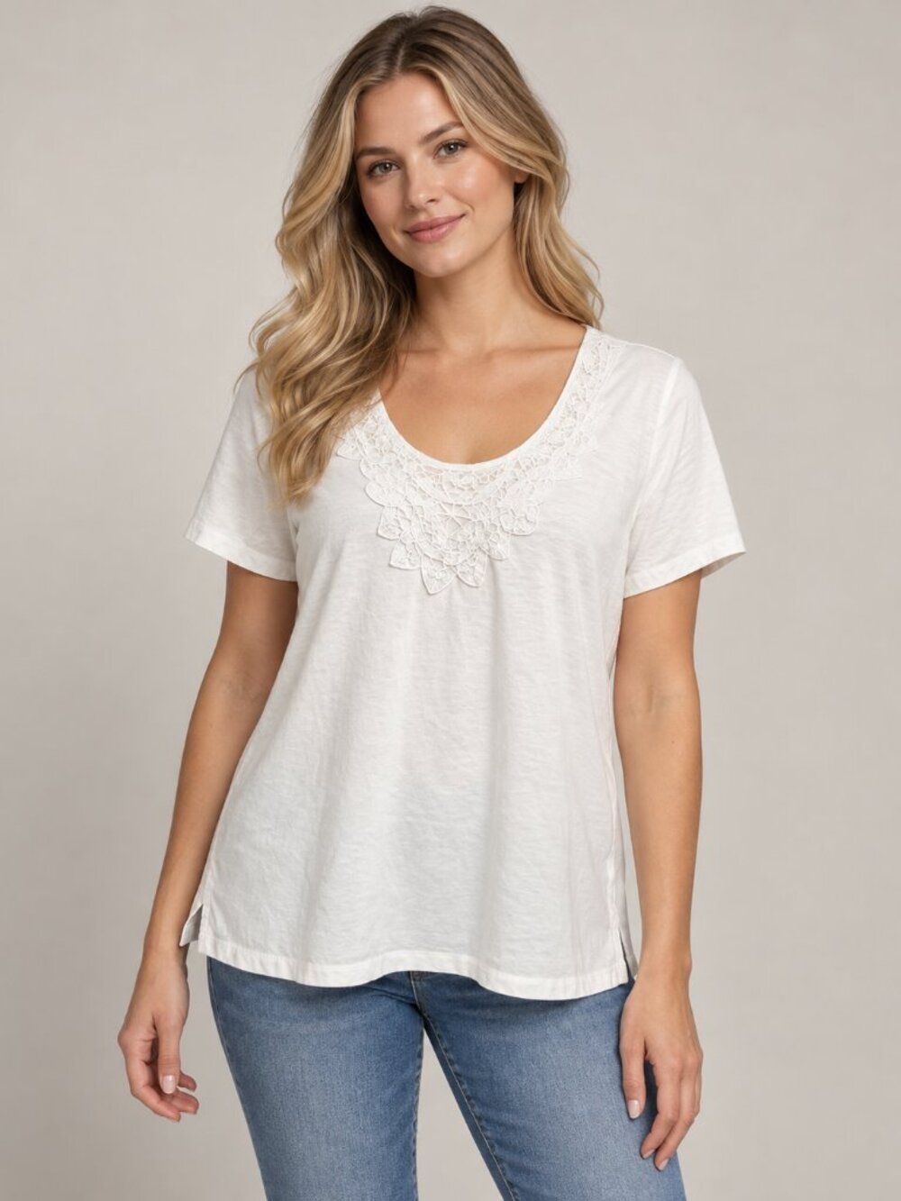 Lands' End XL White Lace Scoop Neck Short Sleeve Cotton Top Romantic Tee